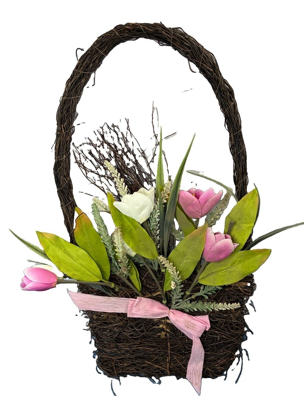 Basket Style Wreath Multicolored Tulips Pink Bow